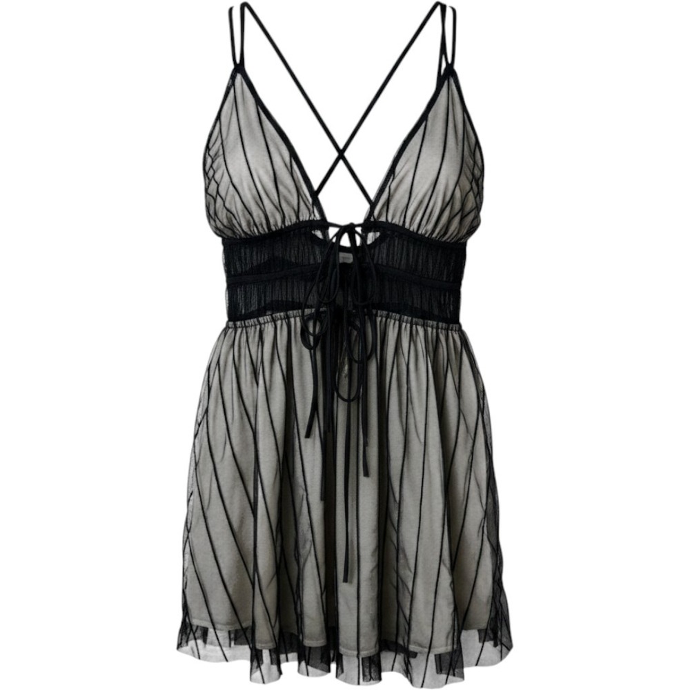 Lucy in the Sky Mini Dress Womens L Beige Black Mesh Overlay Strappy Lace Up